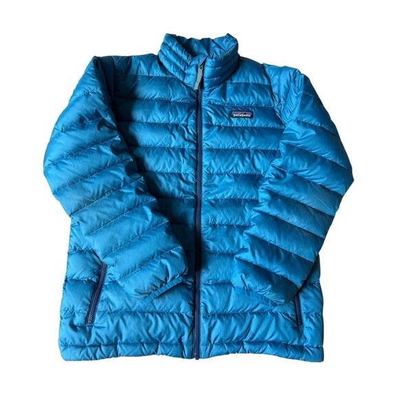 Patagonia Boys' Down Sweater Puffer Jacket size L 12 Blue Full Zip - Picture 1 of 15